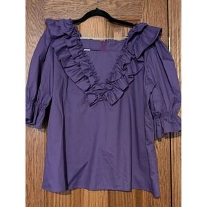 Vintage Malco Modes Purple Ruffled Puff Sleeve Square Neck Blouse XL 2602
